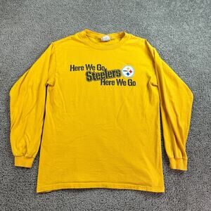 Pittsburgh Steelers Shirt Mens Medium Yellow Here We Go Chant Long Sleeve FLAW